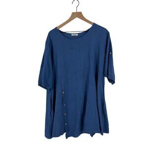 Pure Plus Made In Italy Linen Tunic Top Asymmetrical Button Front Oversized Blue